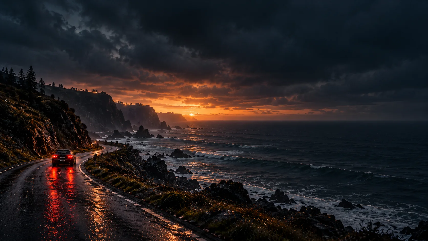 A car travelling along a quiet coastal road at sunset