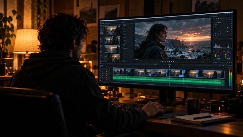 A filmmaker assembling a coastal scene in a desktop editor