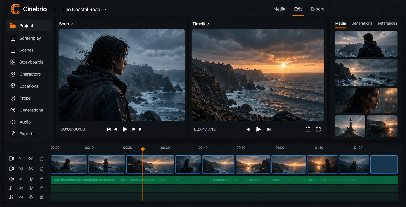 Cinebrio interface concept with separate source and timeline viewers, saved takes, video tracks and audio waveforms